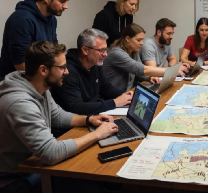 Stratégiai játékosok közösségi megbeszélésen, haditérképek és laptopok körül