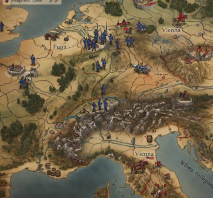 Grand stratégiai kampánytérkép városokkal és hadseregekkel